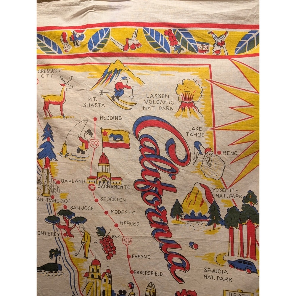 Vintage California Map Souvenir Linen Tablecloth Bandana‎ Tourist Kitsch - Picture 10 of 11